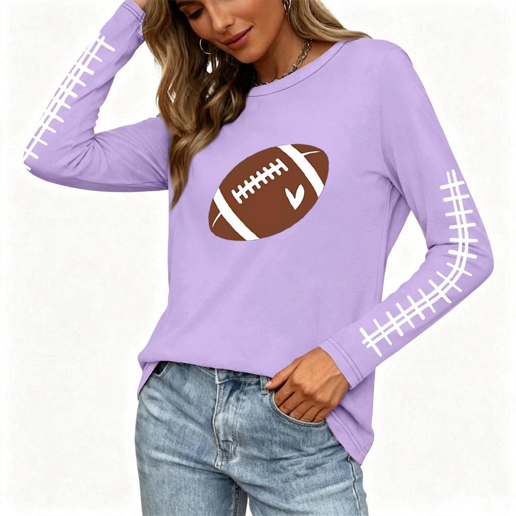 Women's Long Sleeve Neck Top with Rugby Print and Side Slit Hem