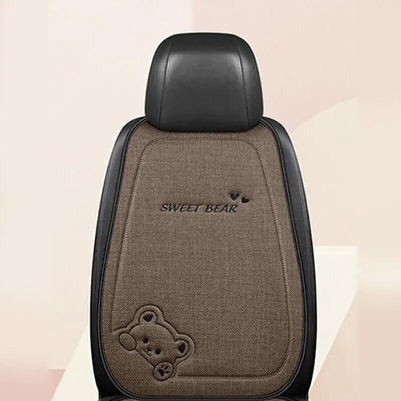 1pc Cartoon Bear Car Seat Cover Linen Anti-Slip Breathable Auto Single Pad Universal Car Square Seat Rear Seat Back Cushion