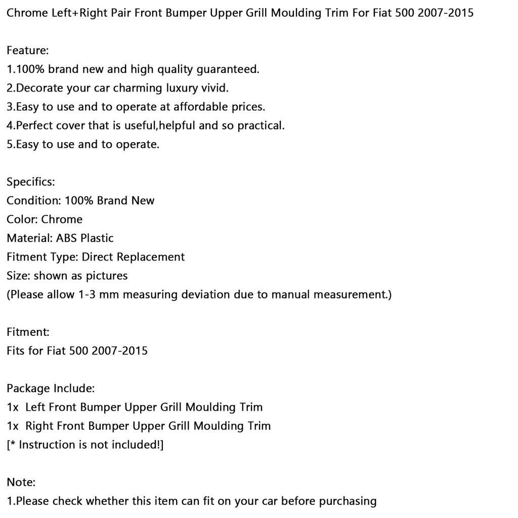 Paar Chrom Frontstoßstange Oberer Grill Zierleiste Für Fiat 500 2007-2015