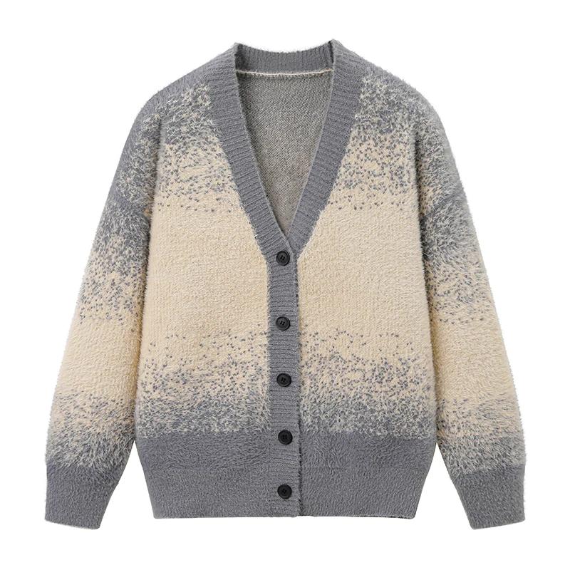 New Gradient Tie Dye Knit Cardigan Women Lazy Style Loose V Neck Sweater Fashion Casual Daily Knitted Outerwear Open Front Tops