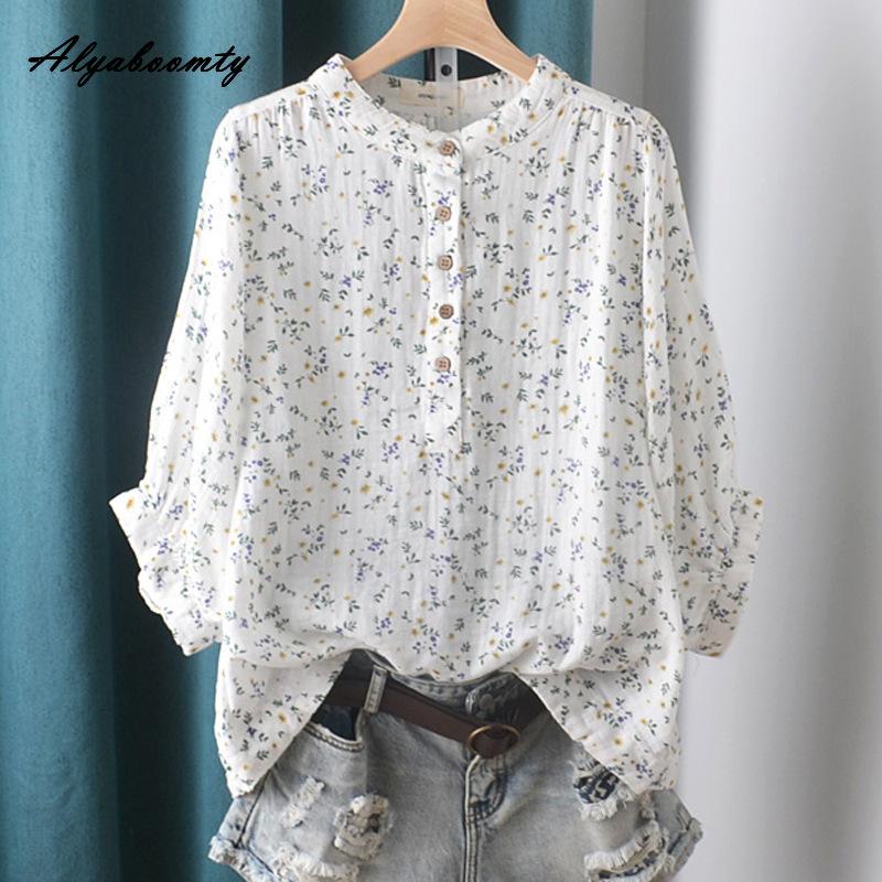 Korean Style Spring Summer Women Cotton Blouse Stand Collar White Gray Pink Print Baggy Shirt Vintage Casual Loose Ladies' Blouse