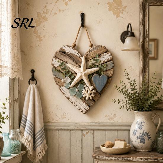 Natural Jute Rope Wall Art Rustic Coastal Heart Shape Hanging Ornament with LED Light, Distressed Farmhouse Pendant Driftwood Sign Wood Beads