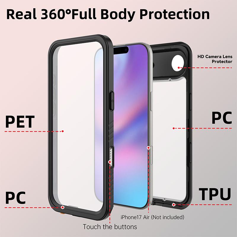 For IPhone Air 17 16e 16 15 14 Plus 13 Pro Max IP68 Waterproof Case Underwater Clear Cover Diving Swim Shockproof Screen Protect
