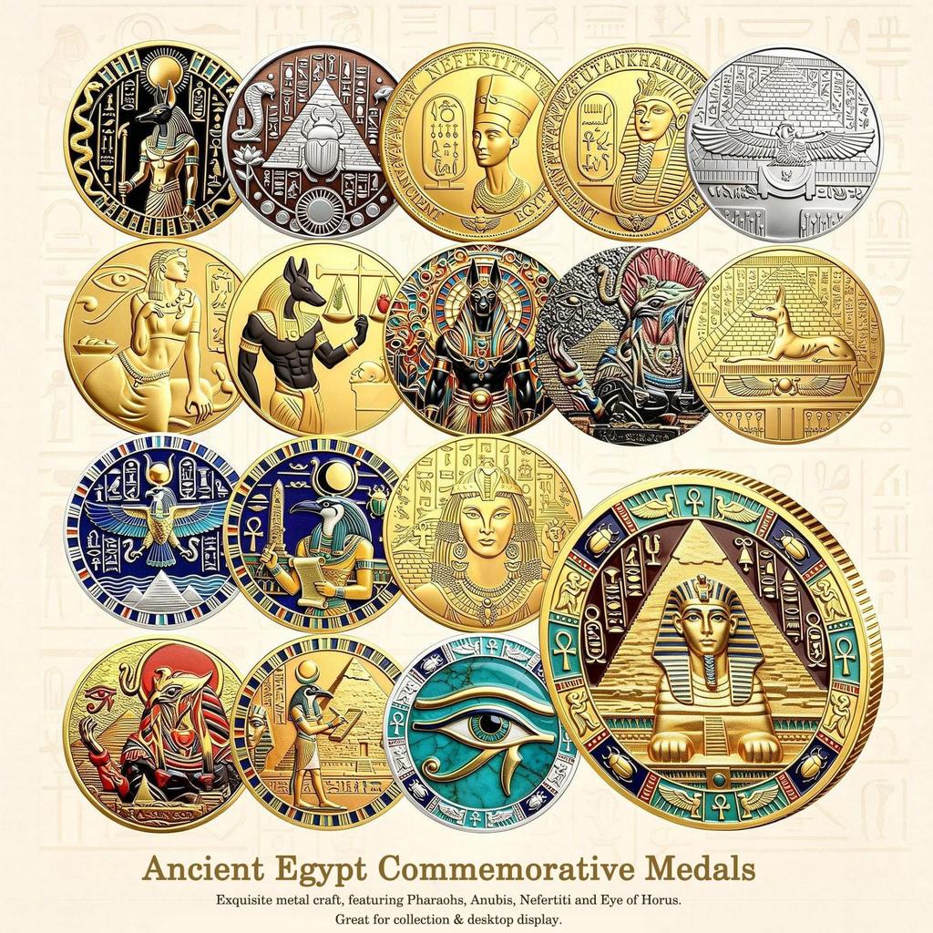 Ancient Egyptian Commemorative Coins Metal Museum Cultural and Creative, Commemorative Medals Collection Pyramid Pharaoh Relief Coins
