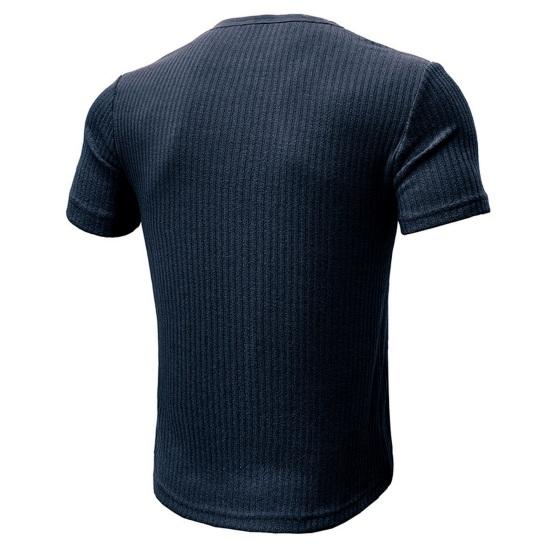 Letní pánské tričko s krátkým rukávem, knoflíkovým výstřihem do V, jednobarevné, žebrovaně pletené, pružné, slim fit, americký styl, pro svalovce, fitness, cvičební top