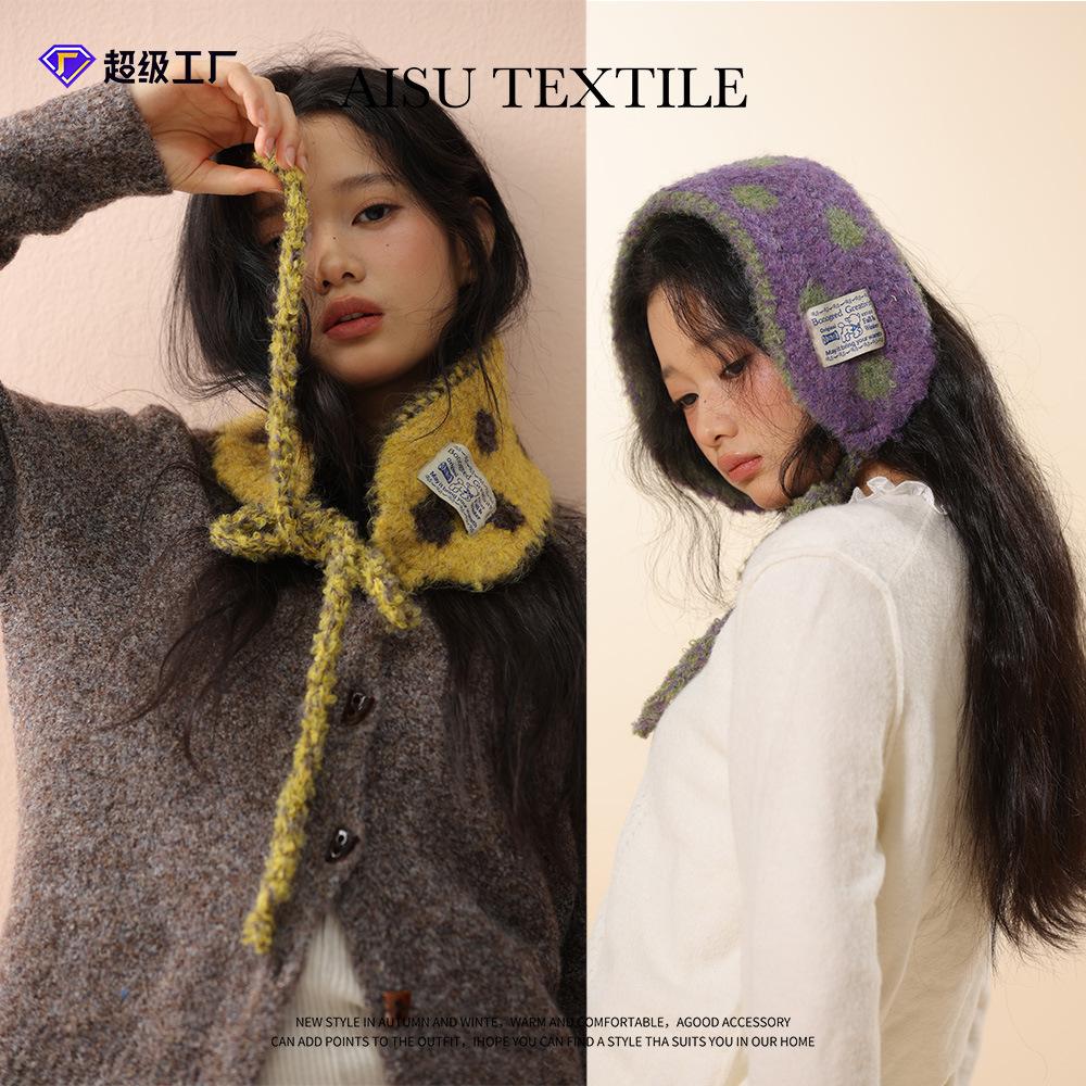 Red polka dot contrasting color knitted ear protection headscarf women's autumn and winter new student warm versatile hat