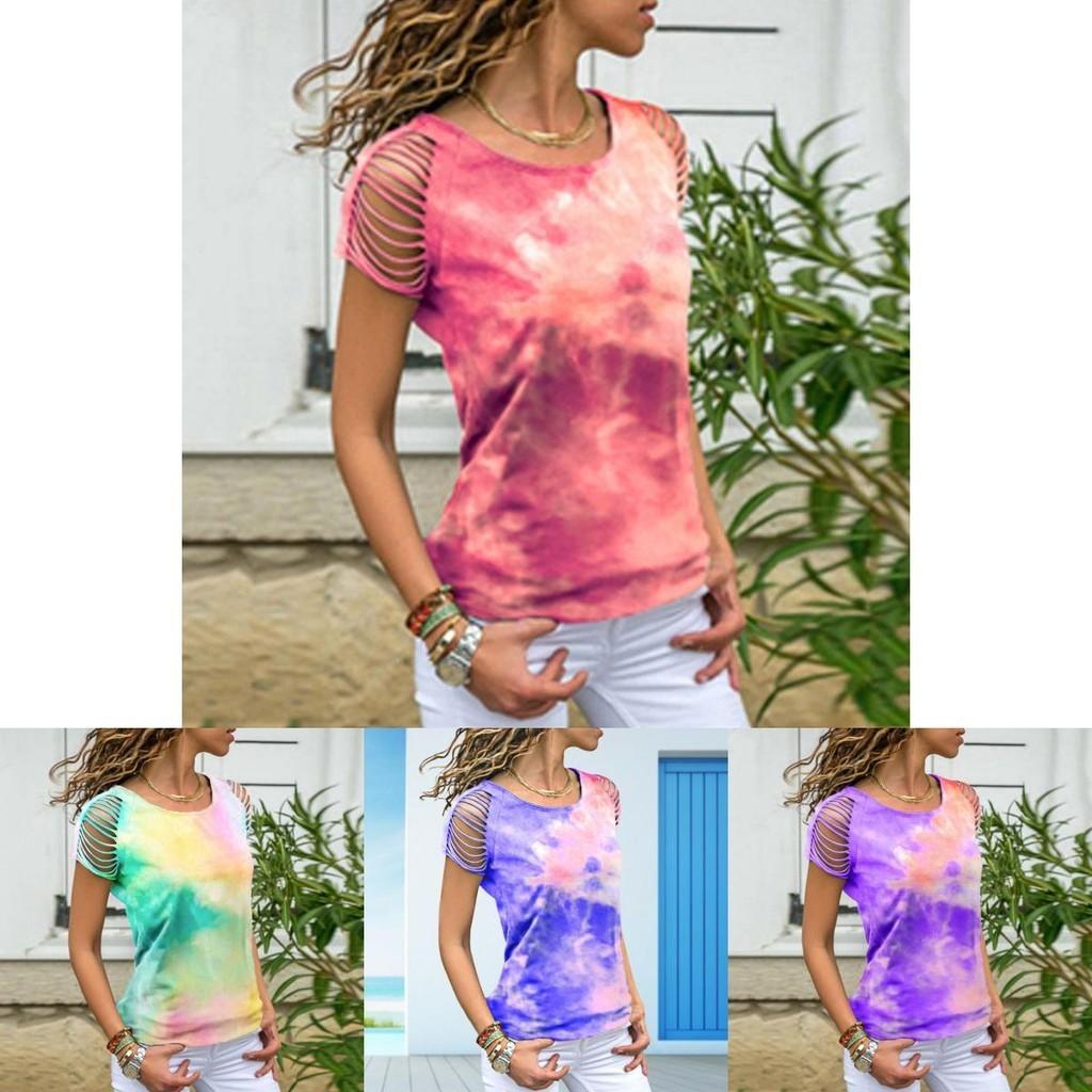 Womens Vibrant Tie-dye Printed Tops Casual Short Sleeve Blouse Perfect For Summer