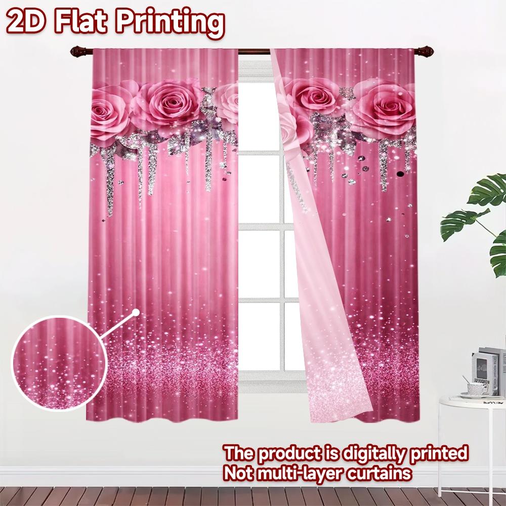 2D flat printing 2pcs Curtain Window Curtains Birthday Pink Roses Sparkle Digital Printed Polyester Drapes Party Decorations Use