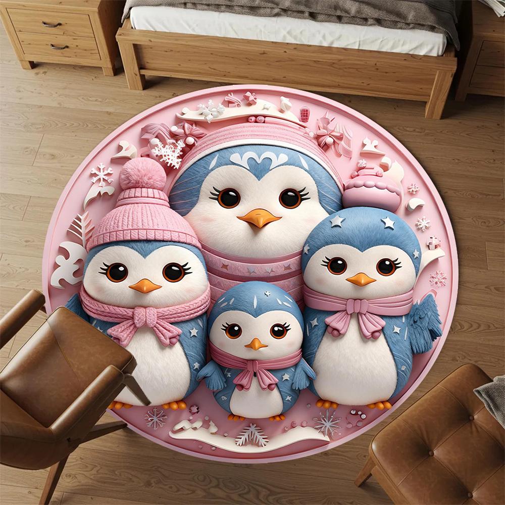 1pc Penguin Family Round Chair mat office Area Rug - Non-Slip, Floor Mat for Office, Bedroom, Ideal home decor gift c0112006
