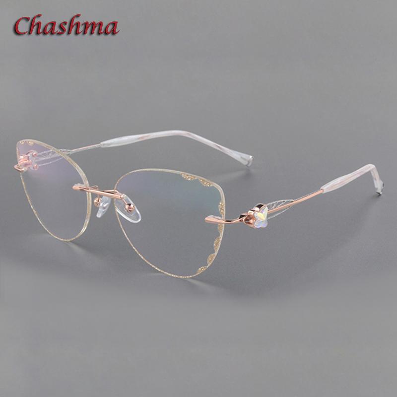 Chashma Cat Eye Titanium Prescrpiton Glasses Diamond Women Rimless Optical Frames Tint Colored Lenses