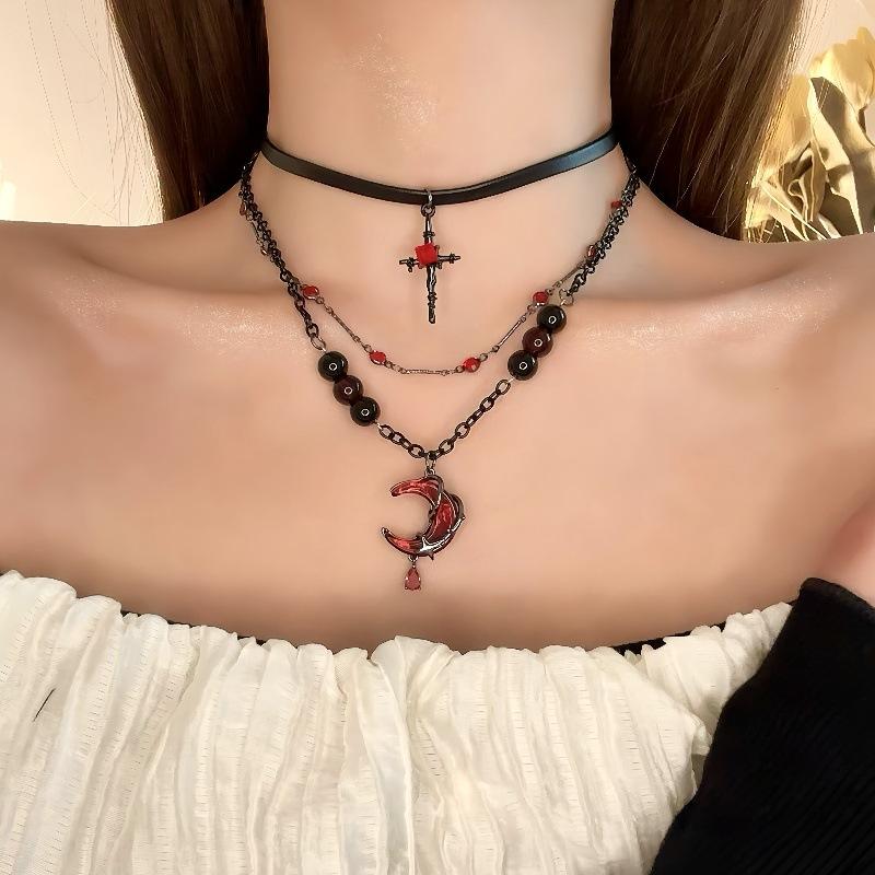 Punk Red Crystal Cross Moon Pendent Necklace for Women Men Gothic Hip Hop Star Tassel Chain Necklace Aesthetic Zircon Gifts