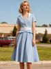 Damen Retro Blau-Weiß Kariertes Rüschenkleid mit kurzen Ärmeln