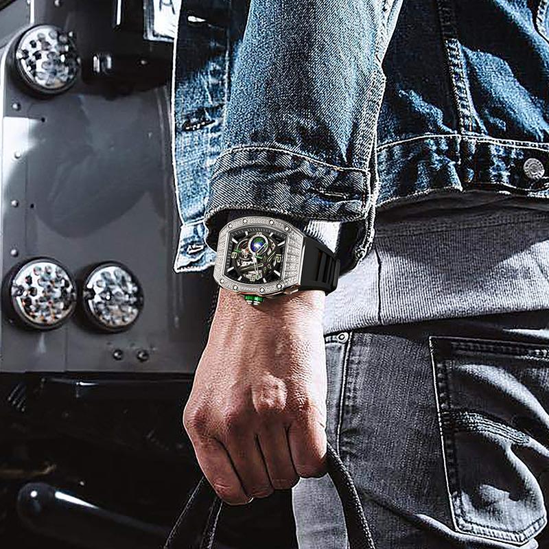 New I&W Carnival Automatic Mens Watch Skeleton Dial Power Reserve Indicator Diamond Bezel Black Silicone Mechanical Watch