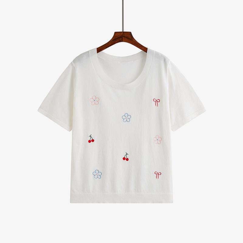 Damen Rundhals-Oberteil Damen Bestickter Strickpullover Molliges Mädchen Lässig Locker Kurzarm-T-Shirt