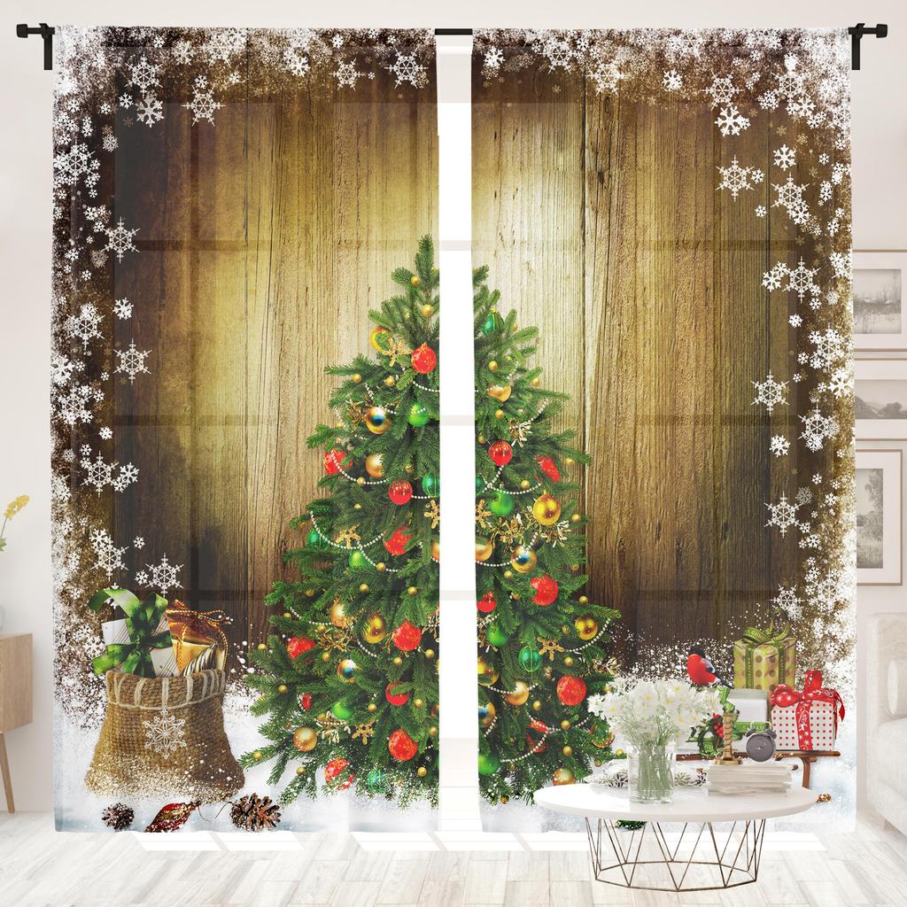 2 Pieces, Christmas Tree Snowflake Wood Curtain -30% Blackout - Suitable for Living Room, Bedroom, Kitchen, Home Decoration
