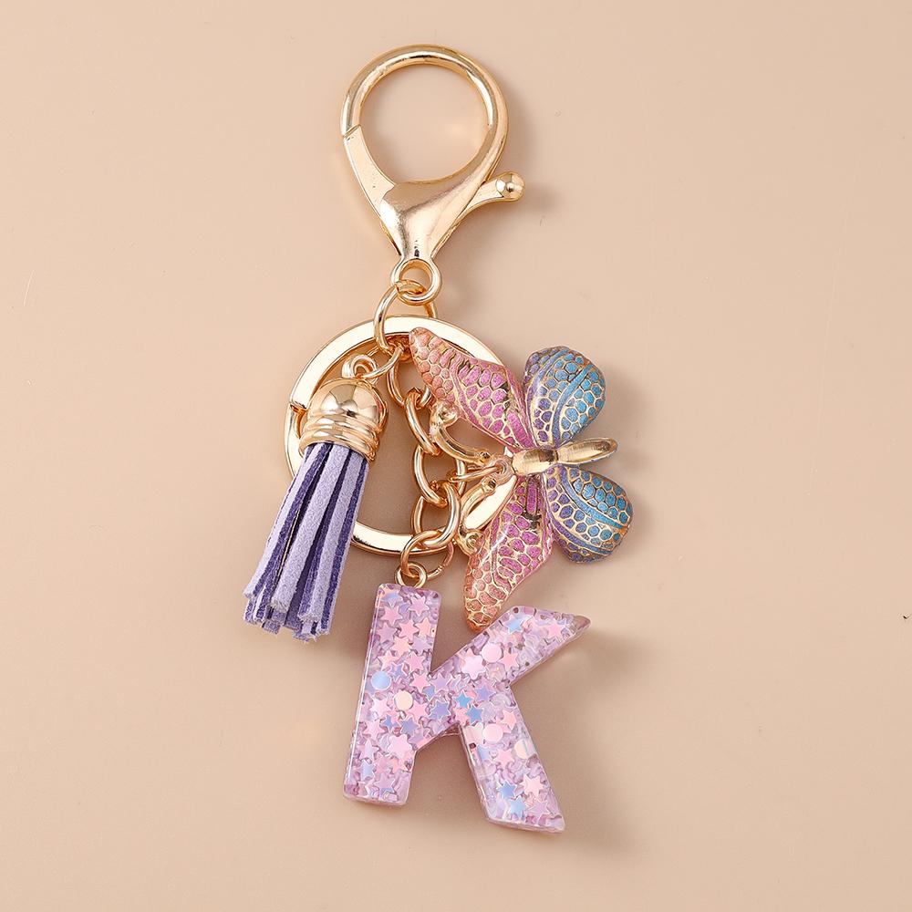 Fashion Purple Tassel Alphabet Keychain 26 Initials Letter Key Ring for Women Girls Handbag Pendants DIY Handmade Jewelry Gifts