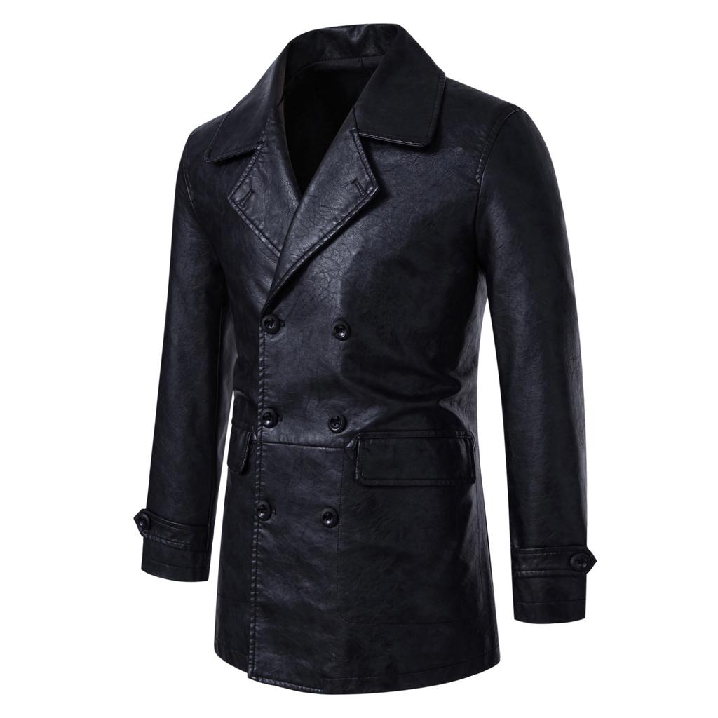 European size medium and long trench coat men's lapel leather jacket double-breasted slim-fitting European and American coat coat men