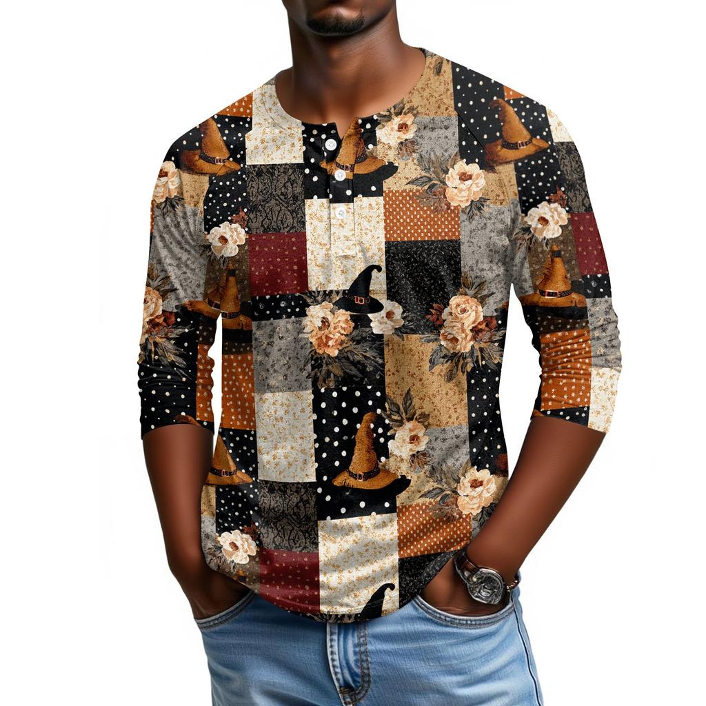 Men's Casual Halloween Print Raglan Sleeve Henley Shirt Three Quarter Sleeve Lightweight Top for Everyday Wear