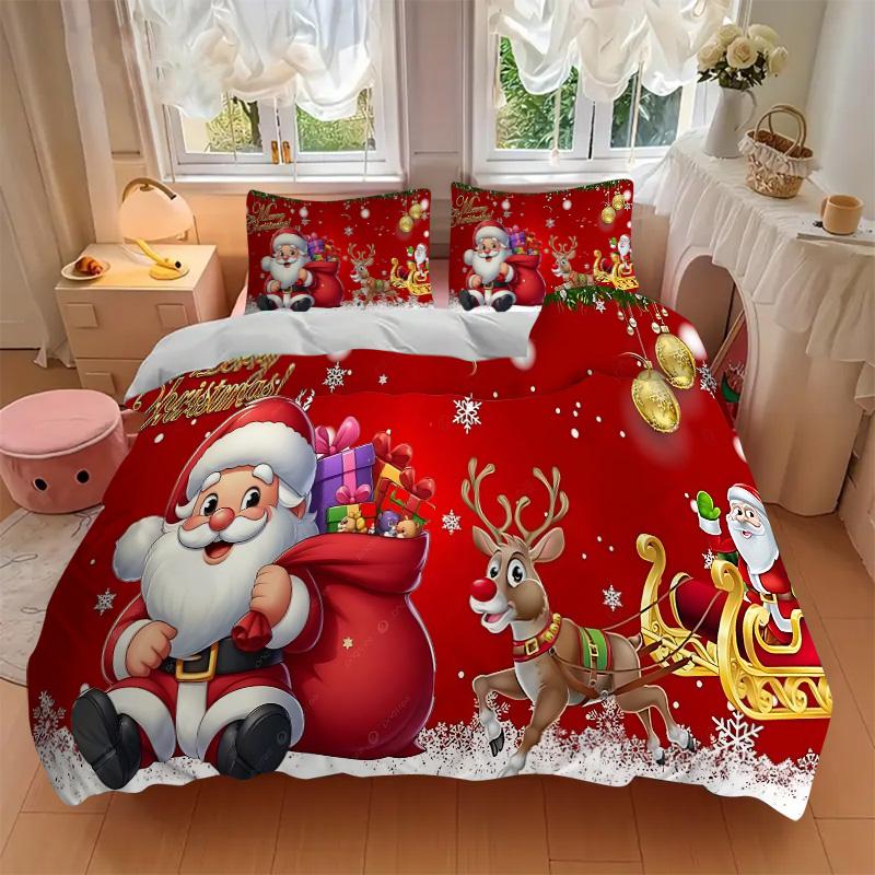Christmas Santa Claus Reindeer Print 3Pcs Bedding Setduvet Cover With 2 Bedropillowcase Home Birthday Gift