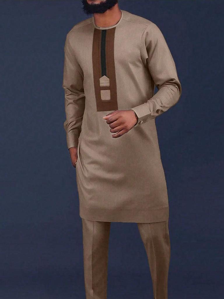 Men's 2-Piece Wedding Suit: Solid Color, Round Neck, Long Sleeve, African Ethnic Style