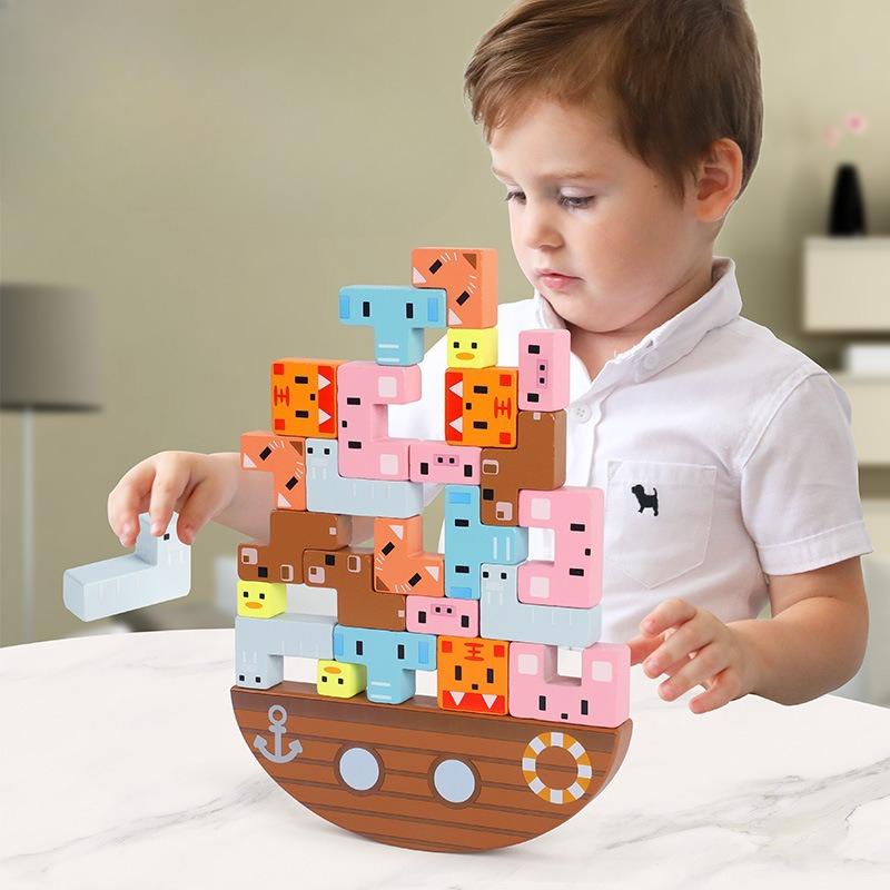 

Wooden ball children Wooden animal Balance boat Stacked high Table Games Early education Cognitive puzzle Building block toys