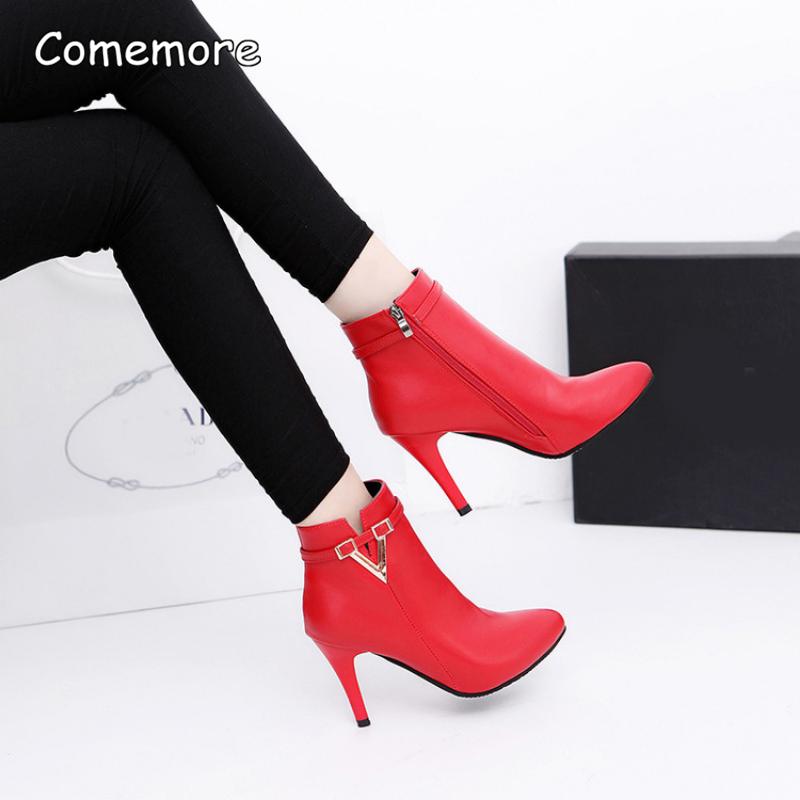 

популярные Comemore Stiletto 2024 Тонкий каблук с острым носком из искусственной кожи на молнии сексуальные ботильоны женские красные высокие каблуки 9 см весна осень 40
