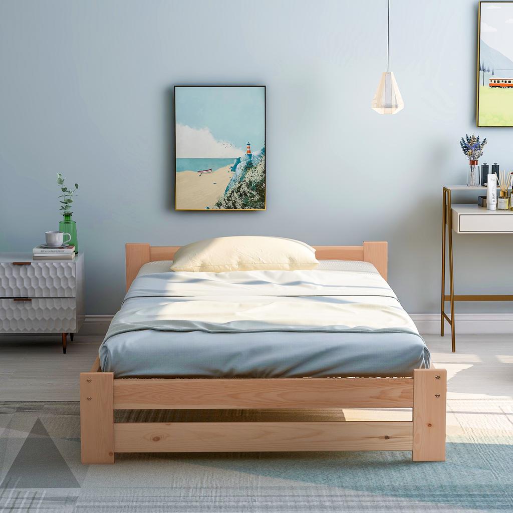 Solid Massive Wood Bed Futon Bed Solid Wood Natural Bed with Headboard and Slatted Frame, Natural (200x90cm)