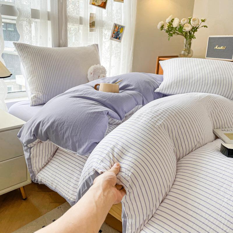 Skin-Friendly Washed Cotton Dorm Three-Piece Set: Stripe Duvet Cover & Pillowcase, Single/Double Size, Class A Quality