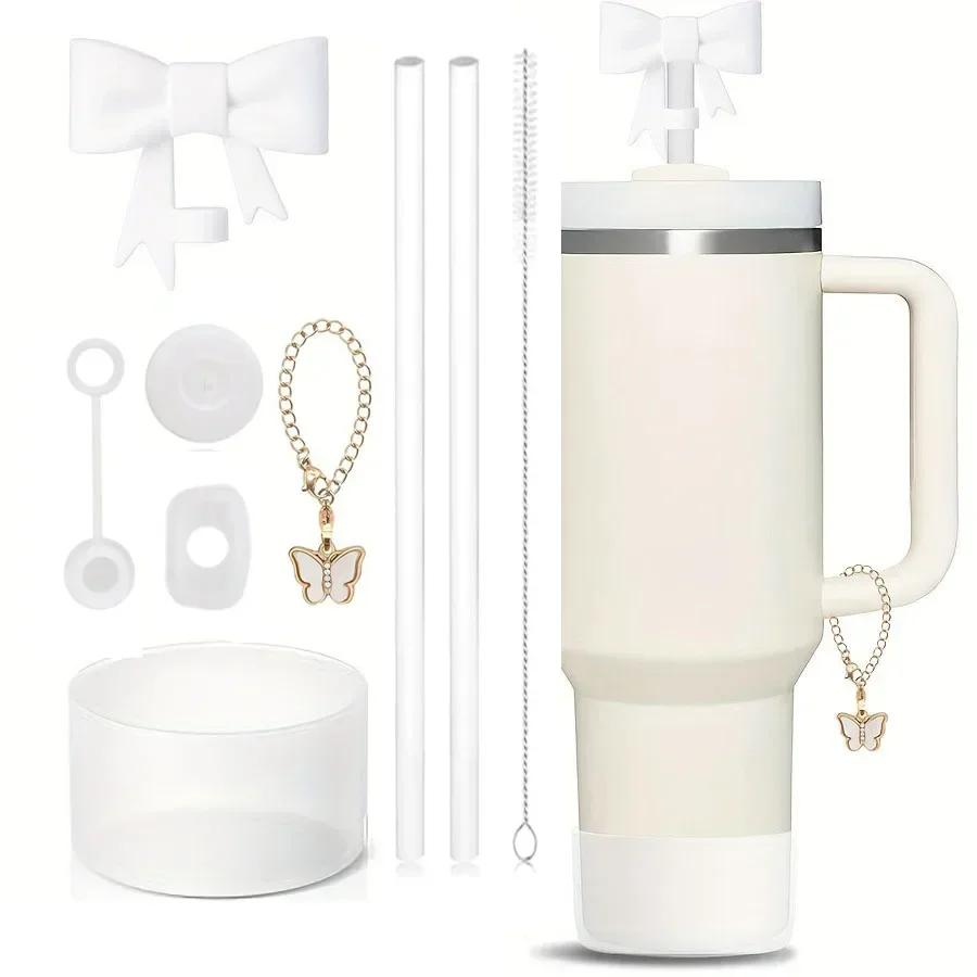 

9pcs Spill Proof Stopper Set for Stanley Cup Silicone Boot Charm Chain Straw and Brush 10mm Straw Cover Cap Butterfly Chain белый