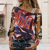 Plus Size Women Asymmetric Shoulder Long Sleeve Top Vibrant Tropical Leaf Print Mesh Lace Splicing Blouse
