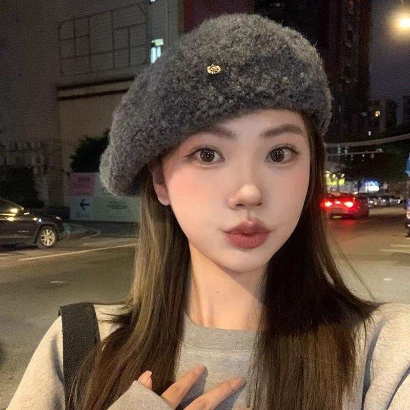 Beret Female Autumn And Winter Show Small Temperament Literary And Retro Circle Lamb Plush Big Head Circumference Versatile Painter Hat