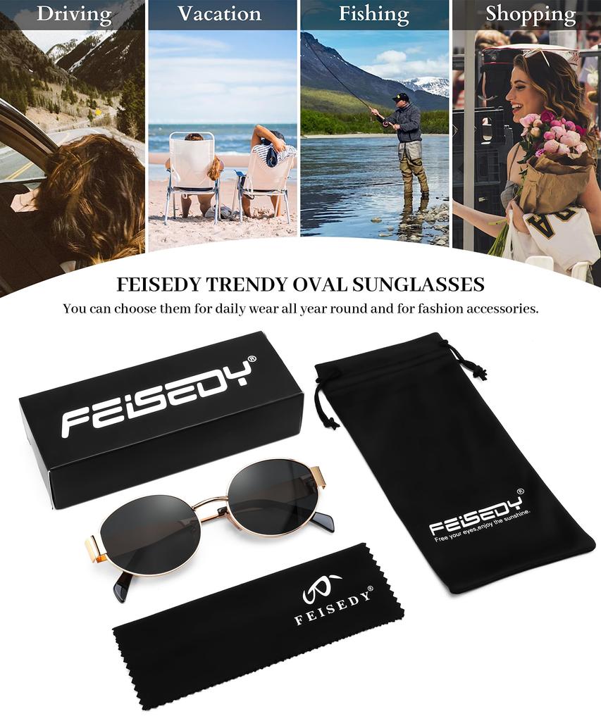 FEISEDY Oval Metal Frame Sunglasses with UV400 Perfect for and Retro B0124 Women's Protection, Driving, Fishing, Hiking, Shopping, Travel, More.