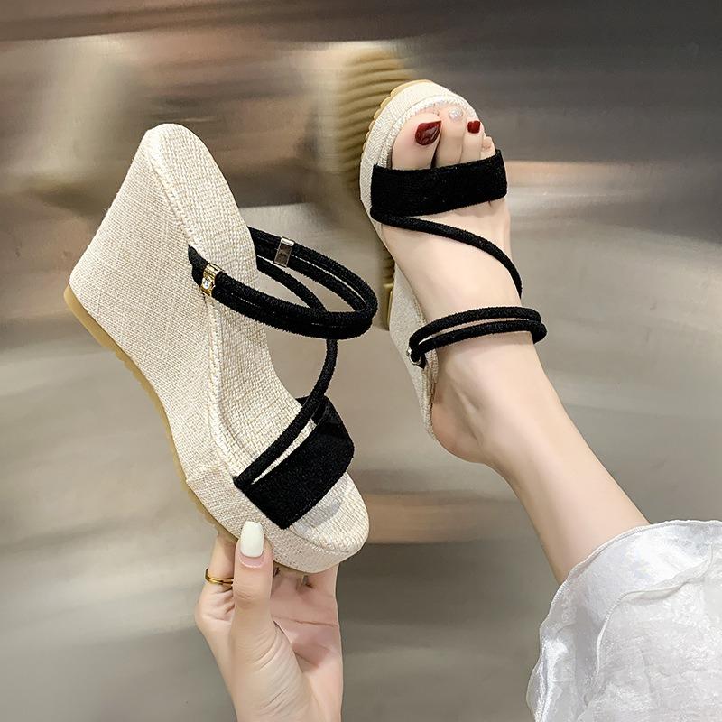 Wedge heel slippers summer foreign trade large size two wear sandals women's muffin thick-soled thin strap open-toed Roman shoes
