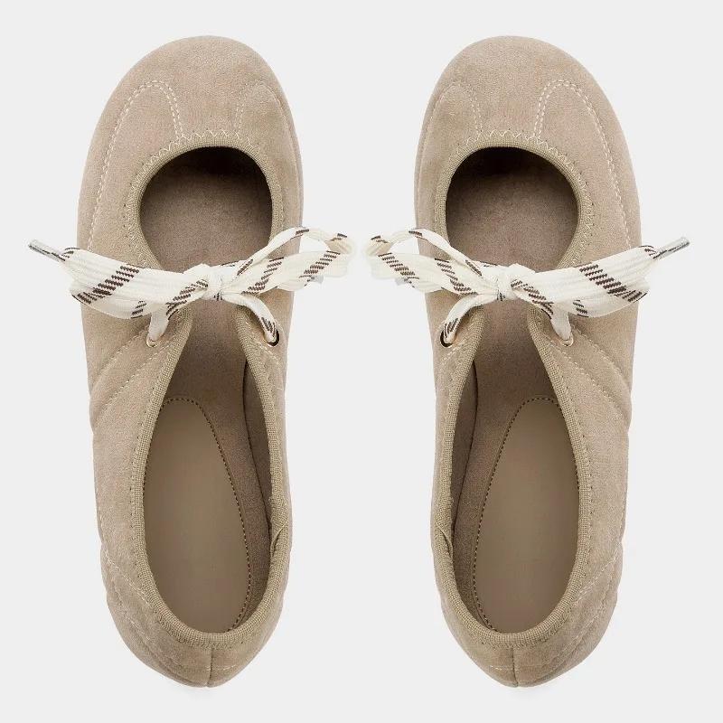 Fashion Round Toe Ballet Flats Women Lace-up Faux Suede Shallow Concise Soft Sole Mary Jane Shoes Women Casual Brand Shoes