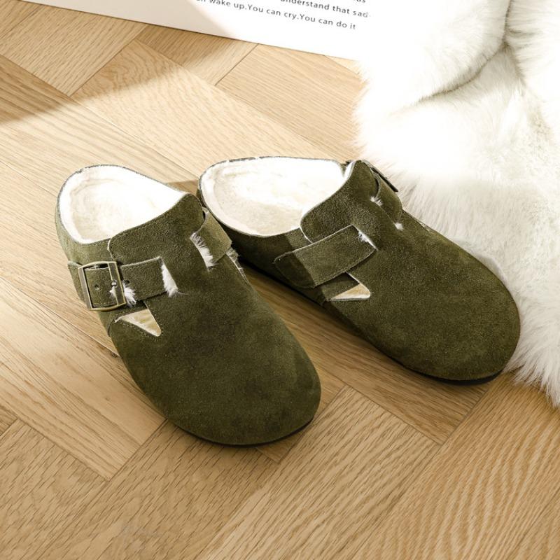 Bokken Shoes Women's Green Leather Cow Suede Round Toe Retro Flat Soft Sole One Foot Stirrup Baotou Half Mop