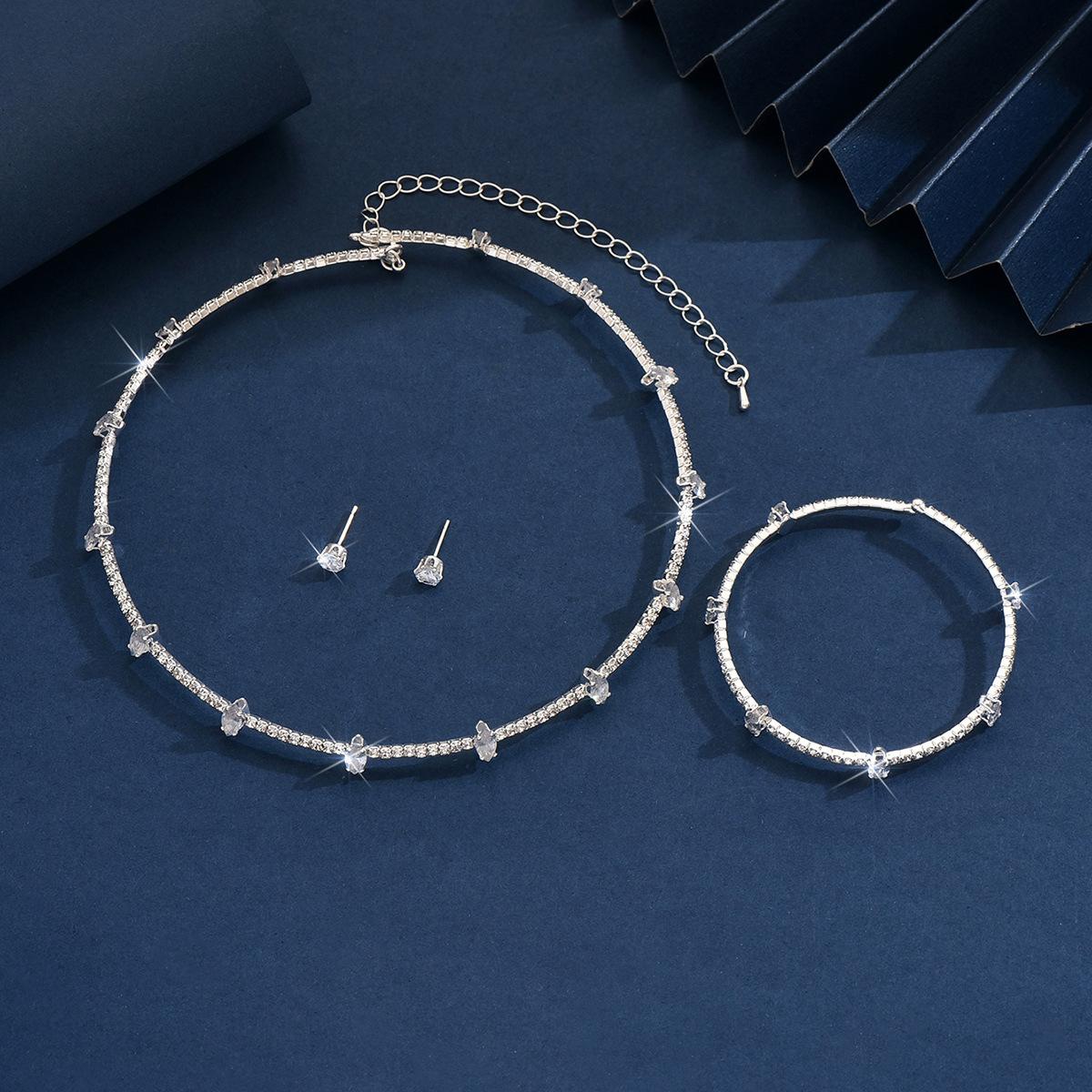 

Bridal Fashion Simple Rhinestone String Necklace Earrings Bracelet Three-Piece Jewelry Light Luxury Suit Women