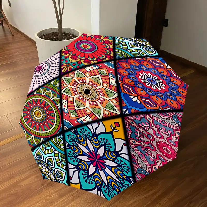 1PC Mandala PatternsAutomatic Open/Close Umbrella with Windproof, 8-Rib Sturdy Canopy, Durable Ribs, Fashionable Design, Outdoor Accessory, Fun Prin,