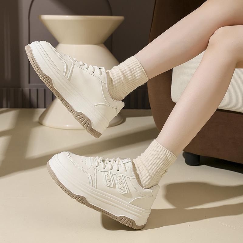Women's Thick-Soled White Casual Board Shoes, Campus Style Versatile Footwear For Petite Students.
