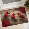 1pc Flannel Doormat, Cardinal and Red Rose Wood Grain Texture Entrance Mat, Non-Slip Absorbent Bathroom Kitchen Foyer Mat, Holiday Decorative Style