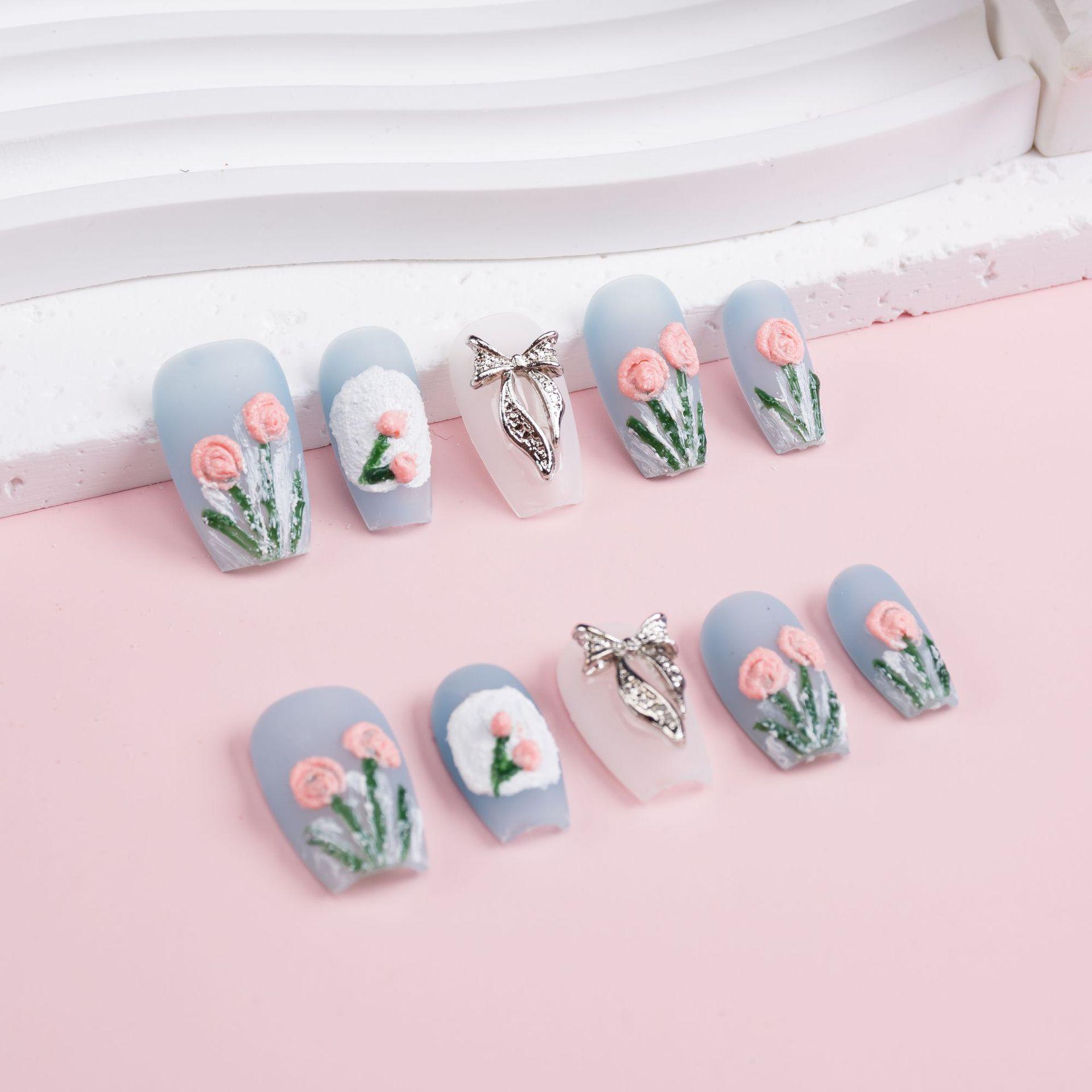 

Hand-Painted Blue Tulip Press-On Nail Art Small