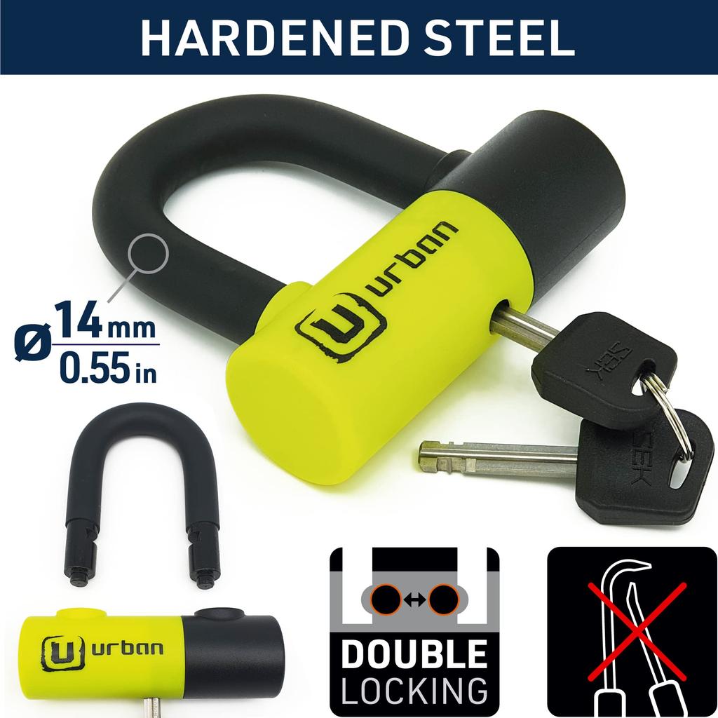 URBAN UR59120 Mini U Padlock with Chain 120cm Bicycle Disc Dual High Security Double Closure Anti-Theft Loop, Motorcycle, Scooter, Padlock, Function,