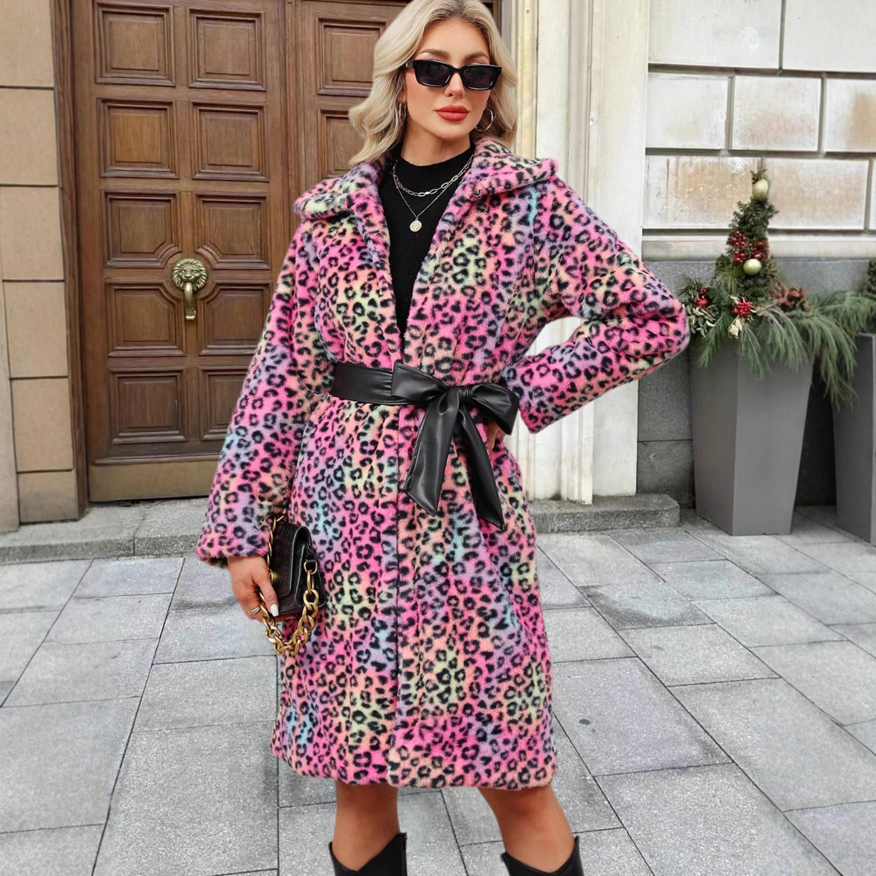 Autumn And Winter Leopard Print Faux Fur Women s Lapel Coat Warm Coat L
