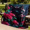 1pc Black Cat with Roses Outdoor Flannel Blanket , Machine Washable Perfect Gift for Birthday , Holiday Travel Accessory , Durable Material