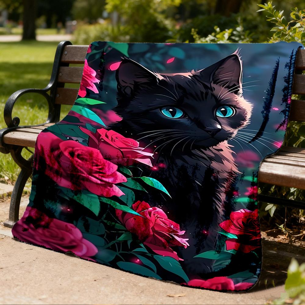 1pc Black Cat with Roses Outdoor Flannel Blanket , Machine Washable Perfect Gift for Birthday , Holiday Travel Accessory , Durable Material