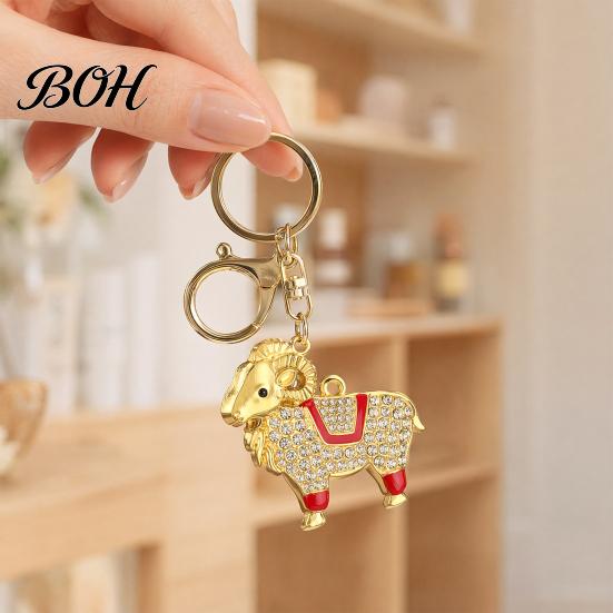 Wear-resistant Keyring Zodiac Keychain with Rhinestones, Sheep Design Bag Pendant, Chinese New Year Lucky Rhinestones Inlaid Key Charm, Feng