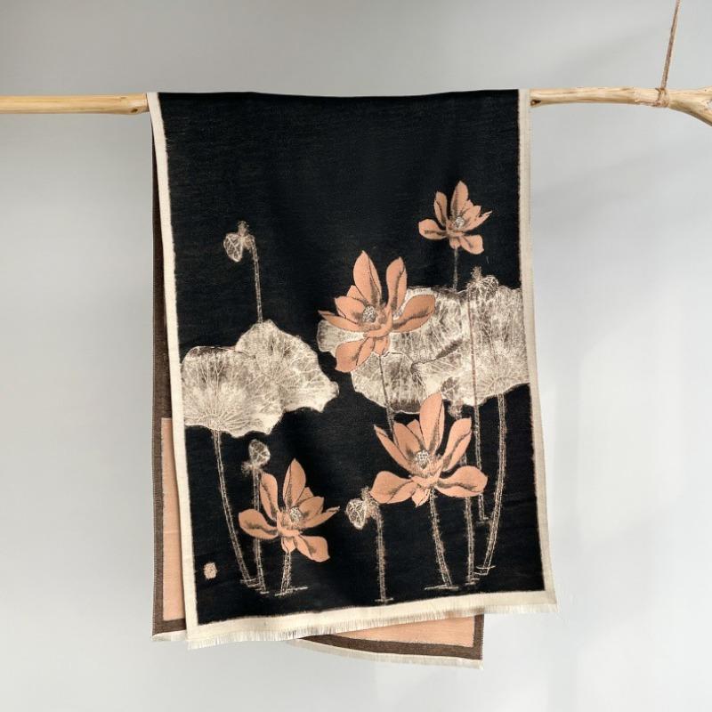 

Winter new elegant imitation cashmere scarf women s Chinese double-sided fashion thickened age-reducing literary scarf shawl 180x65cm чёрный