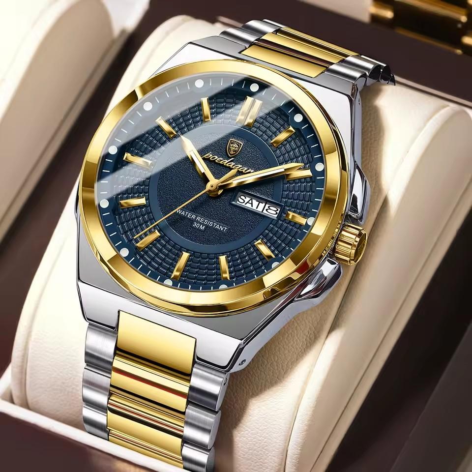 POEDAGAR 896 Stainless Steel Strap Fashion Gold Dial Diver Watch Men Waterproof Date Quartz Clock Sport Luminous Watches Relogio