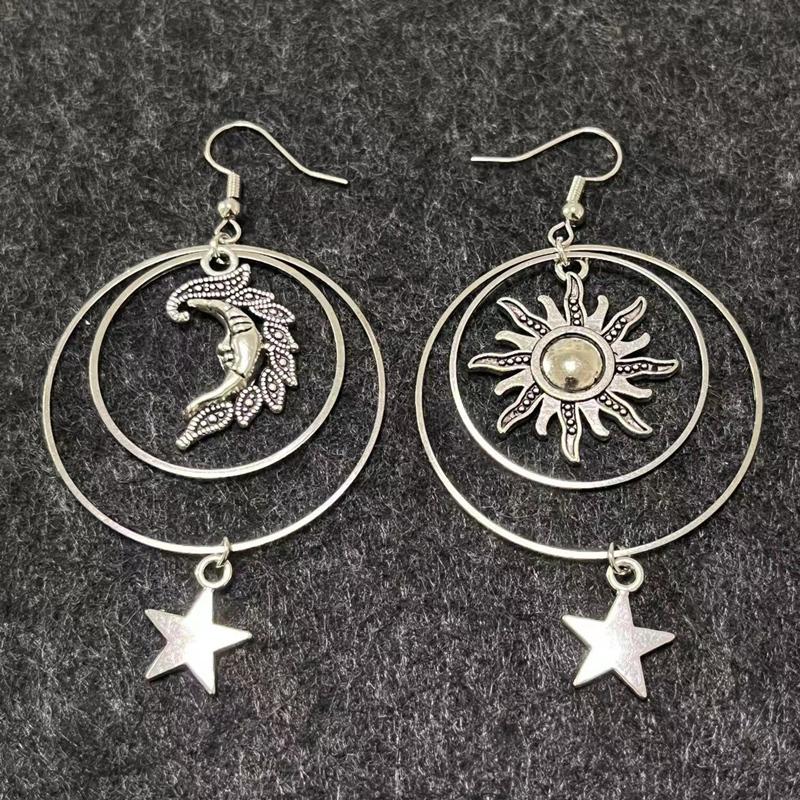 Vintage Silberne Tropfenohrringe mit Sonne, Mond und Stern für Damen, Boho-Kreis, Creolen, eleganter Schmuck