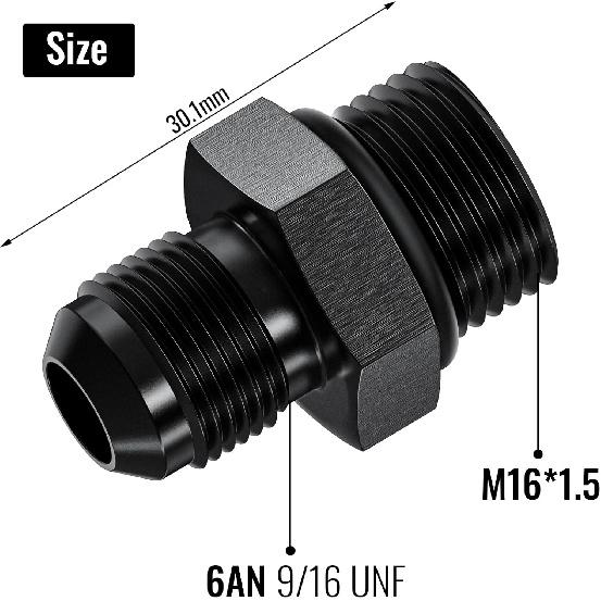 2Pcs 6AN Male To M16 X 1.5mm Male Swivel Flare Metric Fitting Adapter, Black Straight Hard Aluminum Hex Anodized Connector, Automotive Accessories