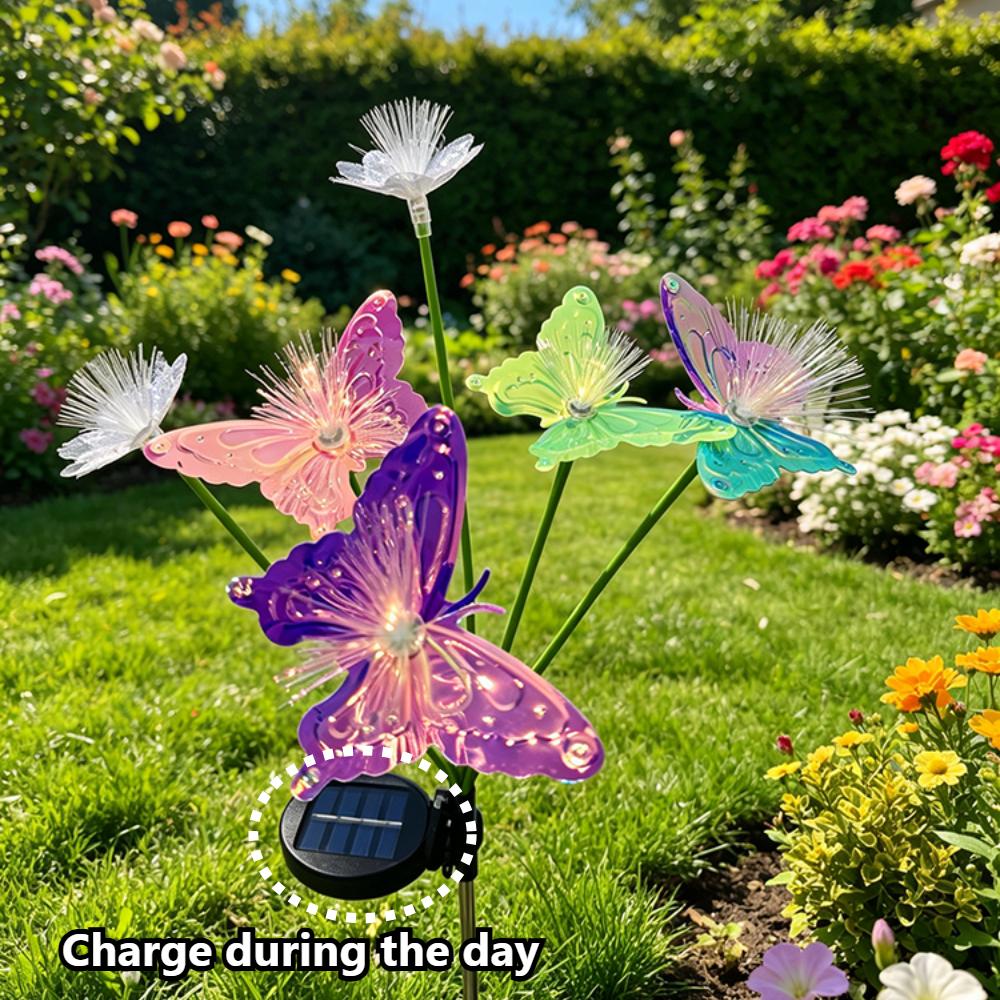 Colorful/Warm Solar Butterfly Flower Lights Fiber Optic LED Garden Stake Lights Waterproof Outdoor Decor for Yard Lawn Patio 2pack